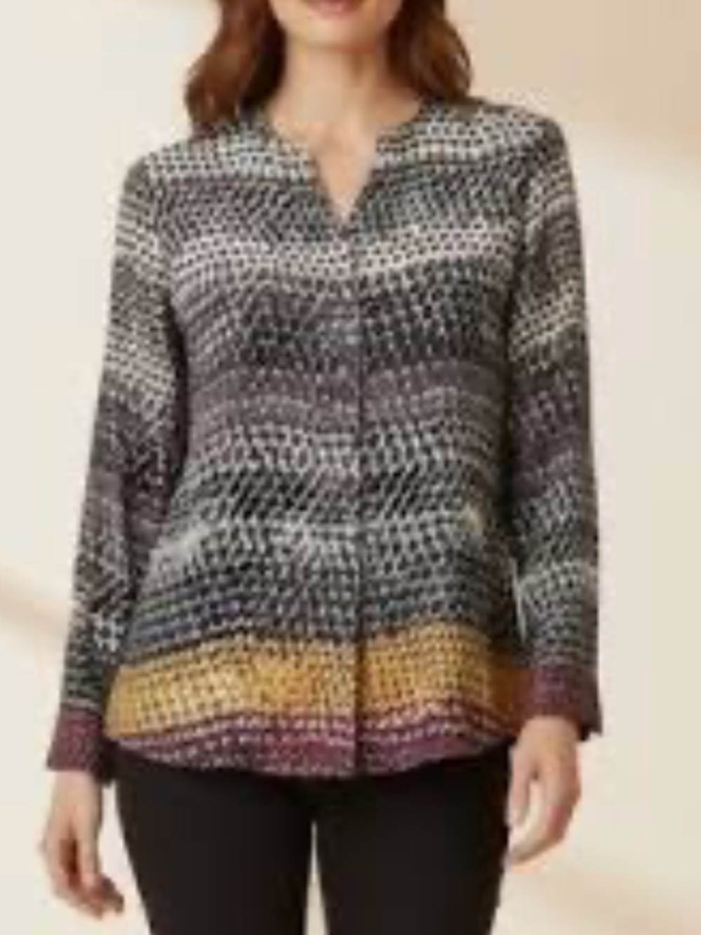 Ecru 100% Silk Painted Houndstooth Blouse Size M Button Front